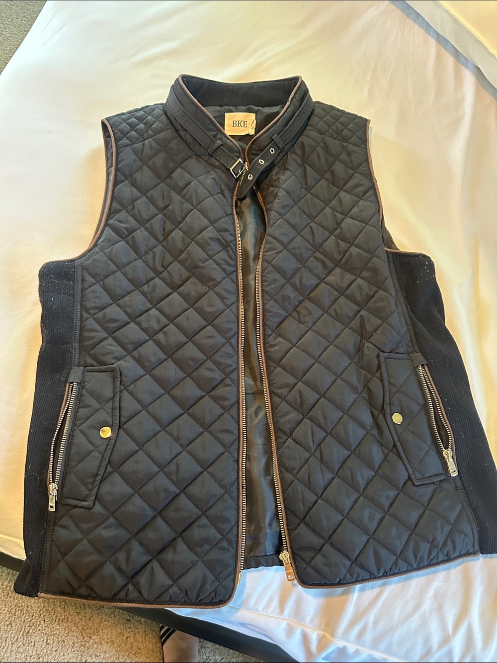 BKE Quilted Navy Vest with Brown Trim